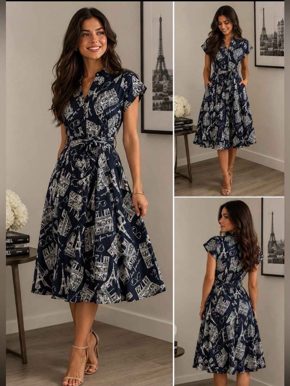 Karl Lagerfeld Paris Blue and White Eiffel Tower Print Midi Shirt Dress. Size 2.